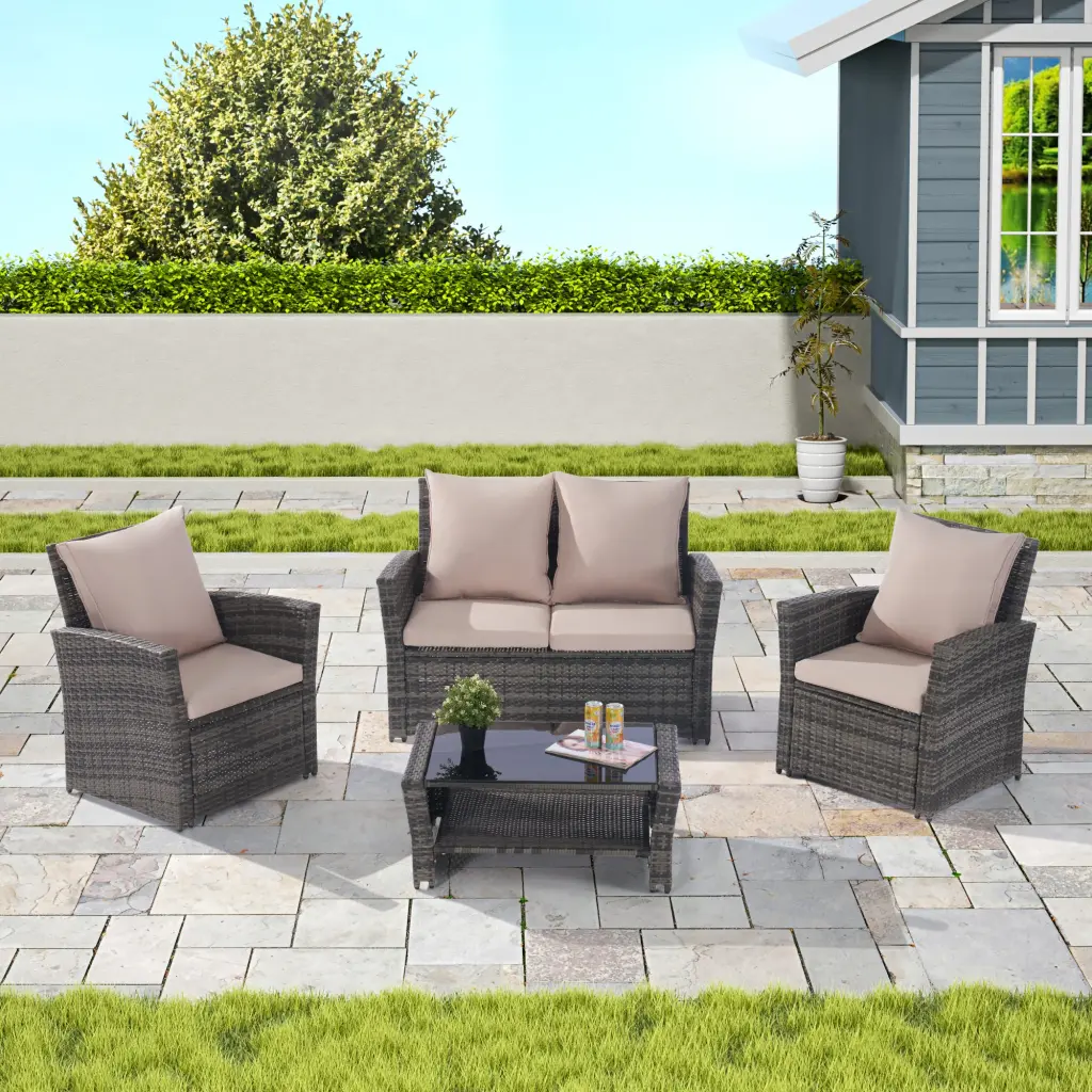 4-Piece Outdoor Patio Furniture Set Garden Rattan Wicker Chair Set deeray store