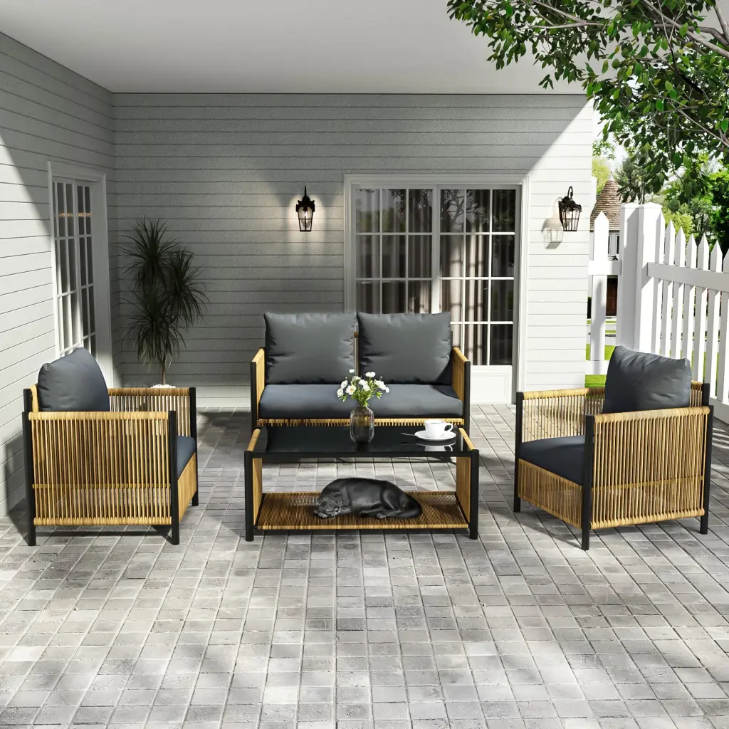 Comming Patio 4 Pieces Brown PE Wicker Sofa Set Grey Cushion Outdoor Furniture ipro outdoor furniture