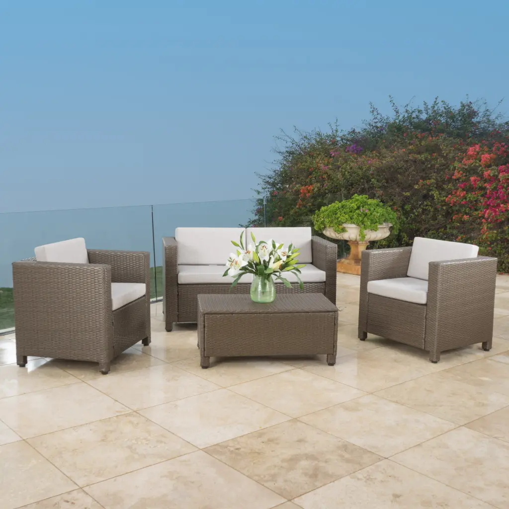 Puerta 4 Piece Brown Rattan Waterproof Fabric Outdoor Patio Furniture Set nh-cloudhouse