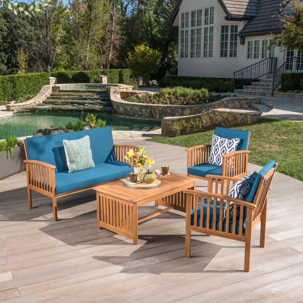 Outdoor Acacia Wood Sofa Set Water Resistant Cushions 4 Pcs Set nh-onfind
