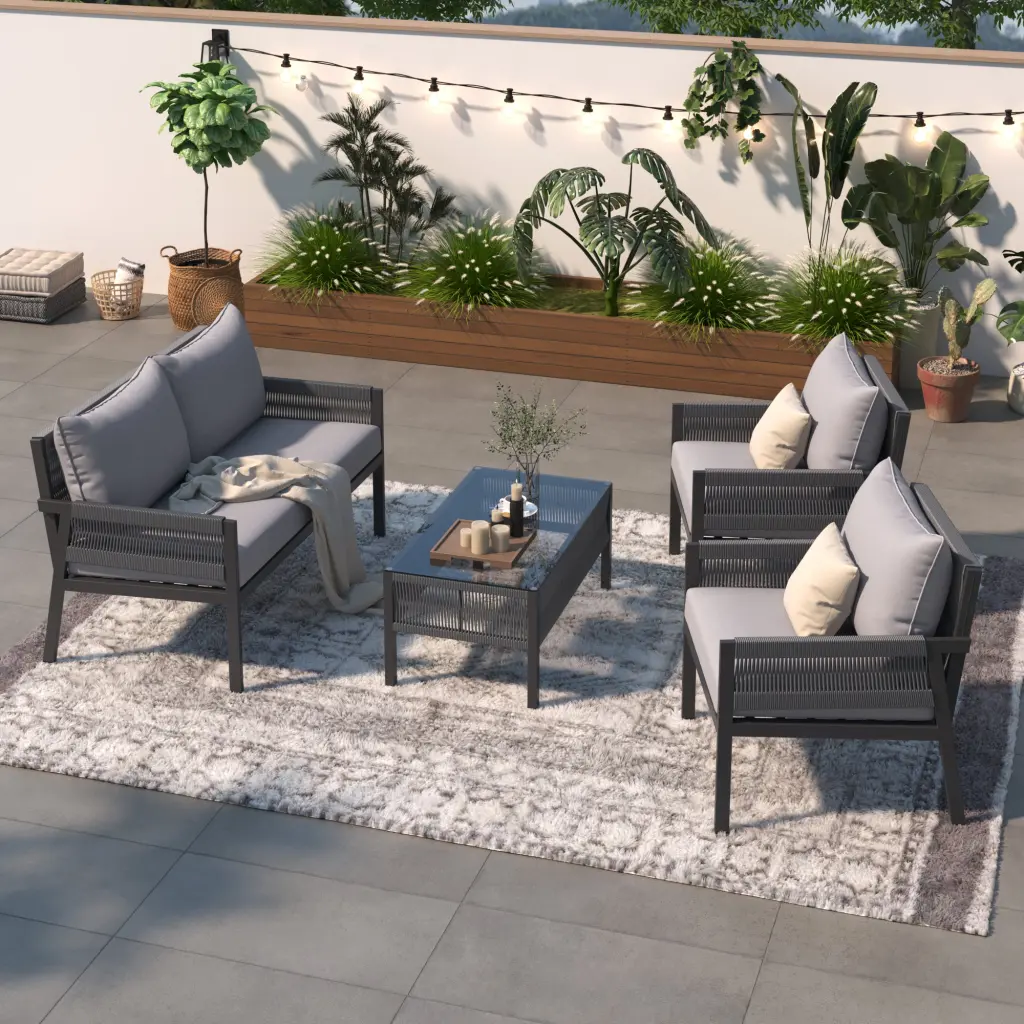 K&K 4 Piece Rope Patio Furniture Set Outdoor Furniture Tempered Glass Table rnb