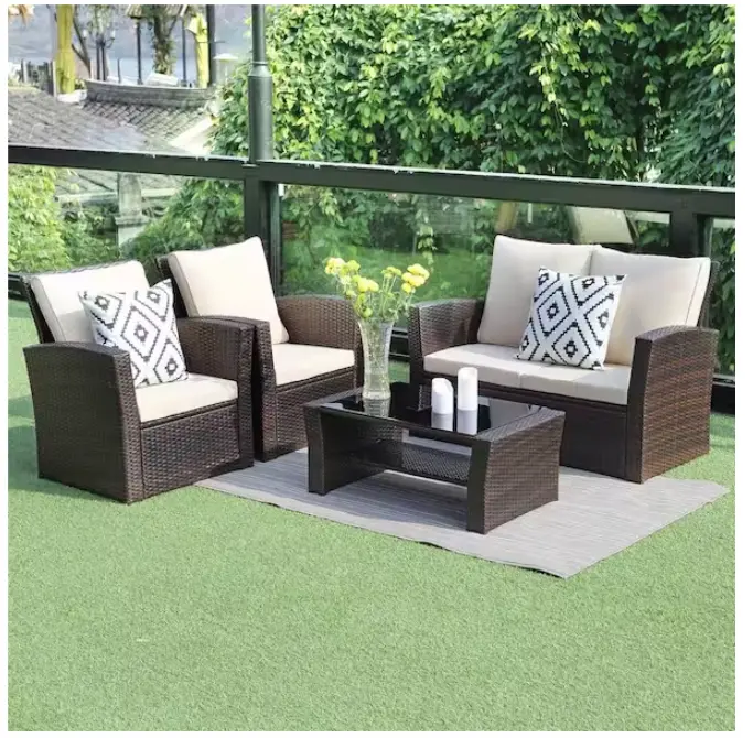 4 Pieces Outdoor Patio Furniture Set PE Rattan Wicker Brown Cushions tradeber