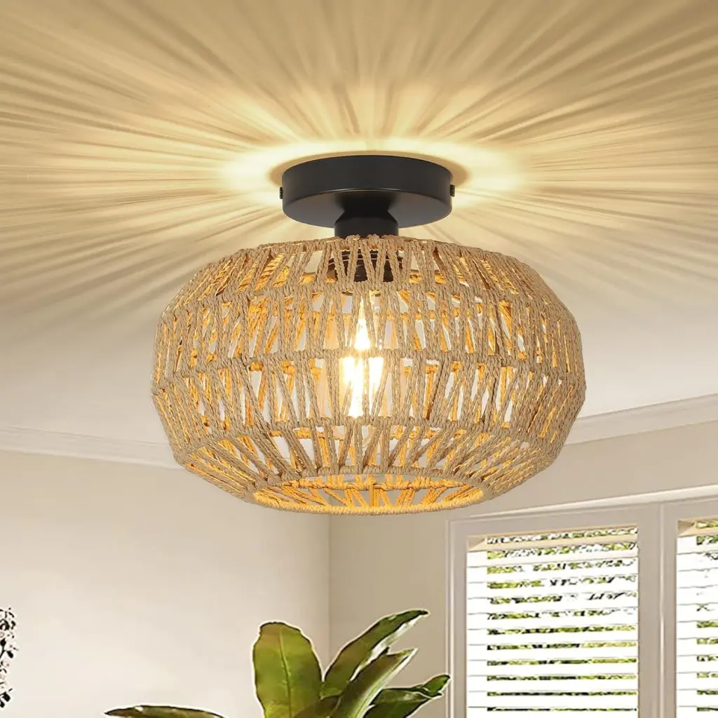 Rattan Ceiling Light Fixture Boho Style Distressed Finish dfzj lighting