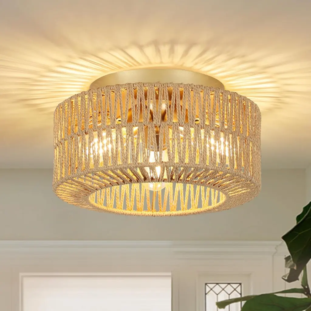 3 Light Farmhouse Rattan Ceiling Light, Brown Rattan Metal Fixture rnb