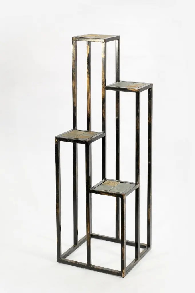 47.25 Inch 4 Tier Gray Stone Slab Black Gold Cast Metal Plant Stand Multi california home