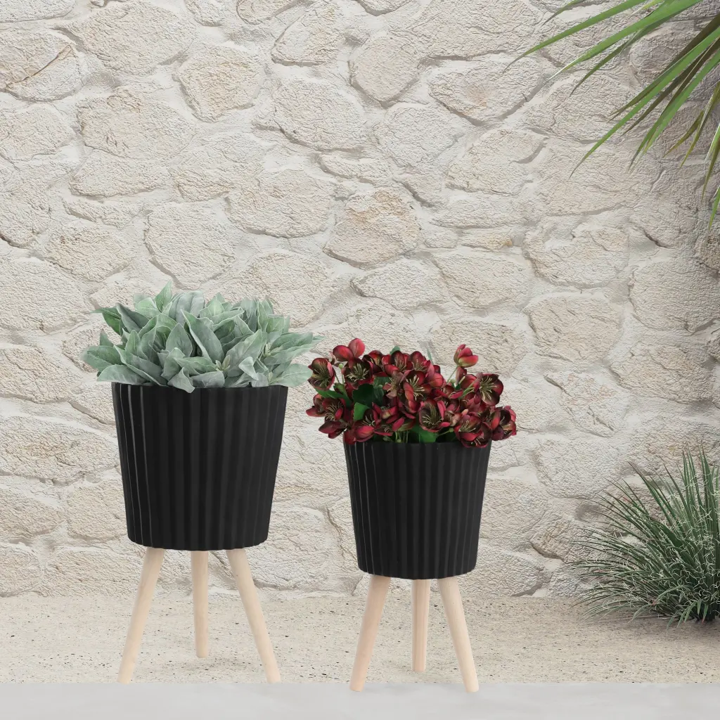 12 Inch Ridged Planter Wood Legs Black KD Black Polyresin Modern homedecoraccessories