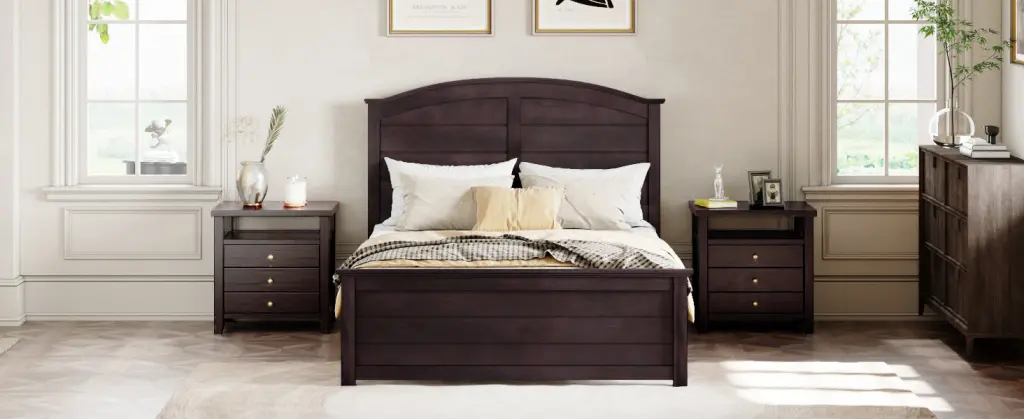 Farmhouse Wooden Platform Queen Size Bed Curl Design Headboard bed best