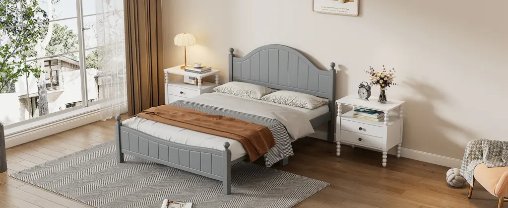 Traditional Gray Solid Wood Platform Bed No Need Box Spring bed best