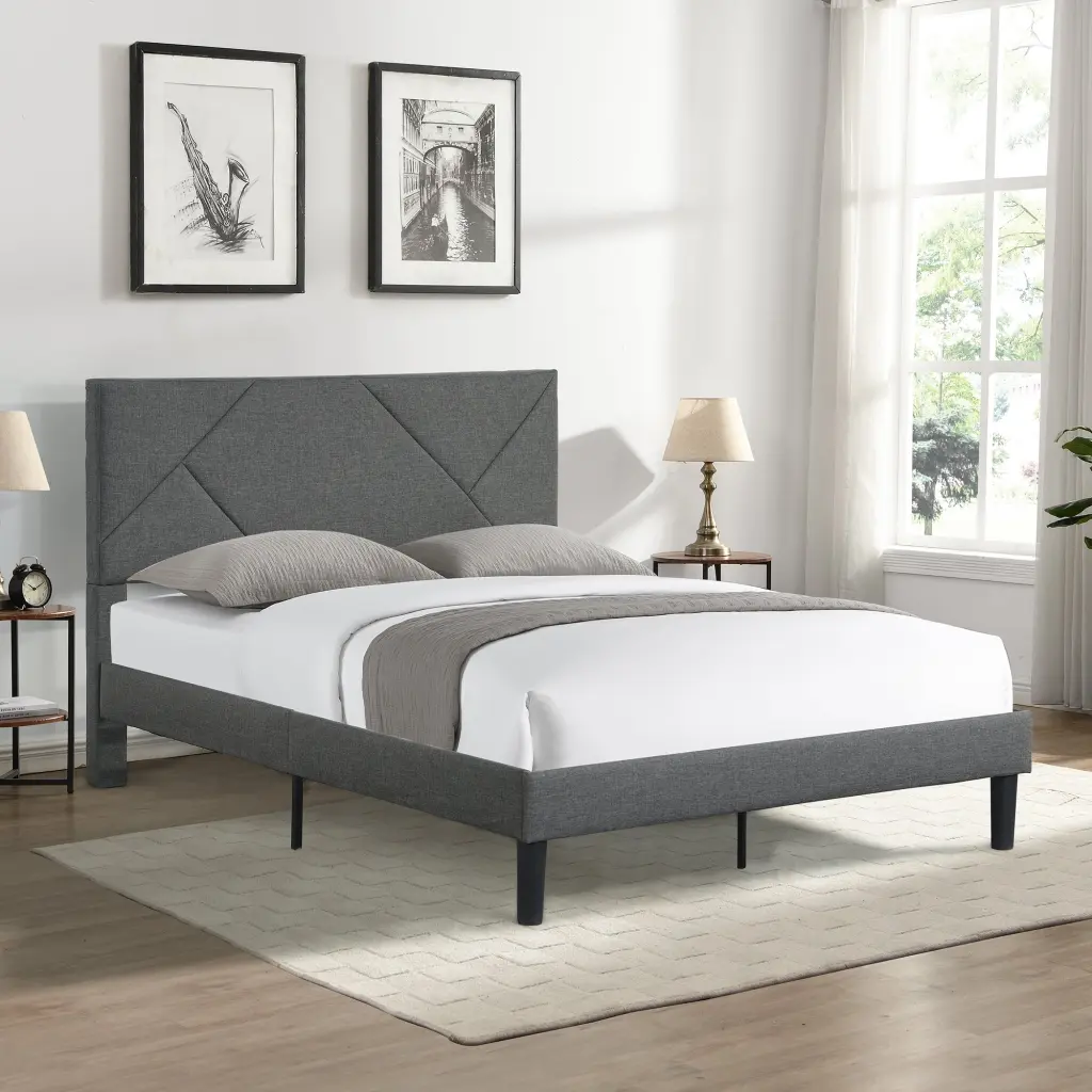 Queen Size Upholstered Platform Bed Frame Headboard Strong Wood civilfurniture