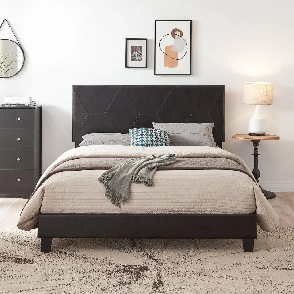 Queen Size Upholstered Platform Bed Frame Wood Slat Support Easy Assembly Bedroom Furniture civilfurniture