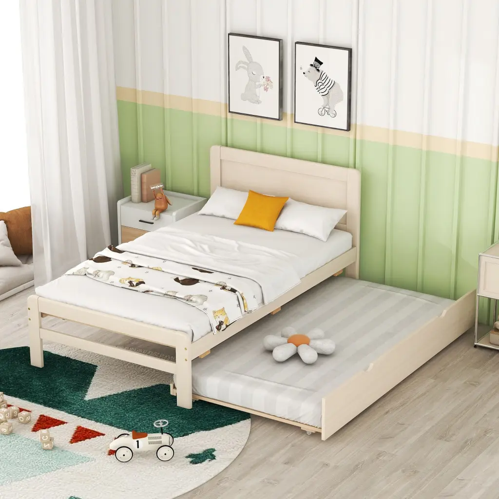 Modern Design Twin Size Platform Bed Frame Trundle White Wash fangxing