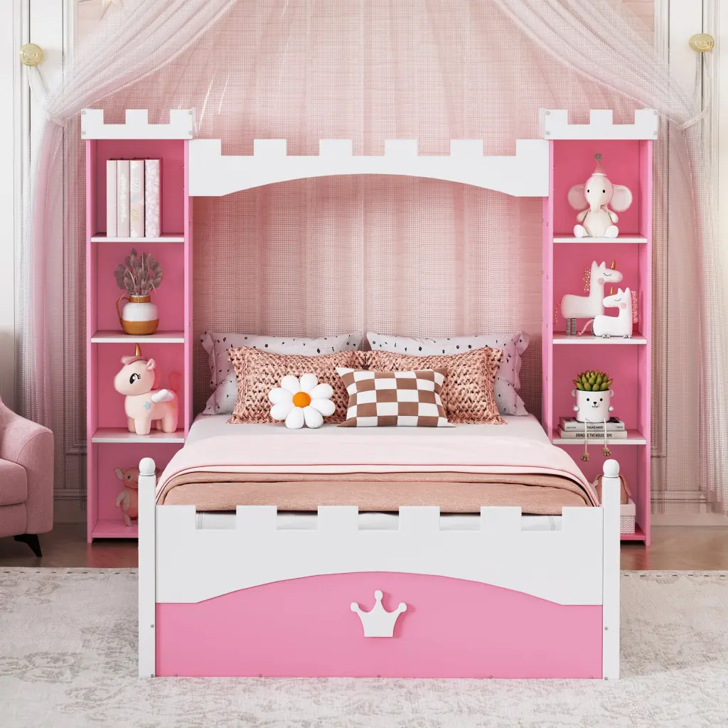 Castle Influenced Wooden Bed Storage Shelf Dreamy Twin Size Platform homey life