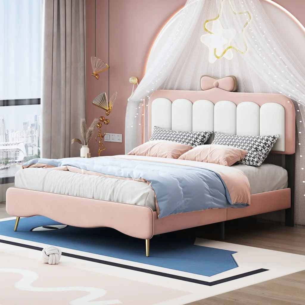Full Size Velvet Princess Bed Bow Knot Headboard Platform Bed Frame homey life