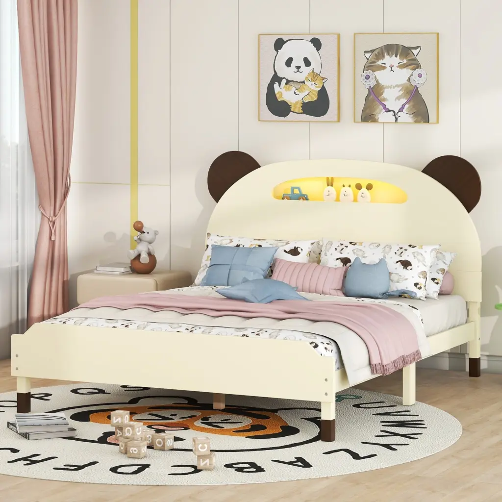 Full Size Wood Platform Bed Bear-Inspired Headboard and Motion homey life