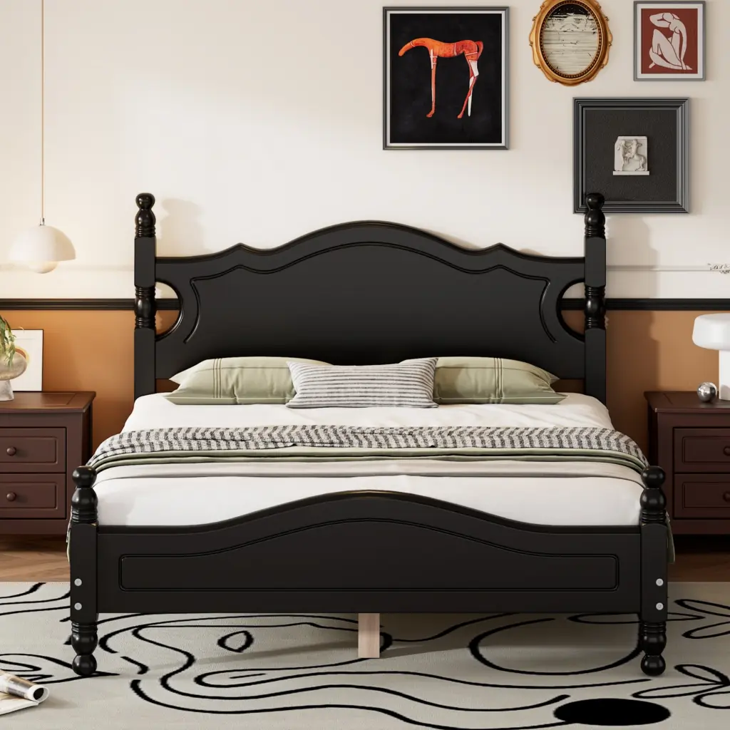Full Size Wood Platform Bed Frame Retro Style Platform Bed Wooden Slats homey life