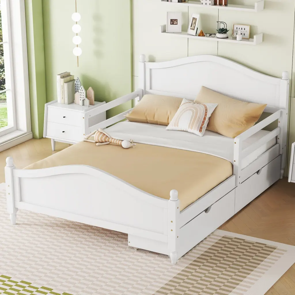 Full Size Wood Platform Bed Guardrails On Both Sides And Two Storage Drawers Modern Bed Frame homey life