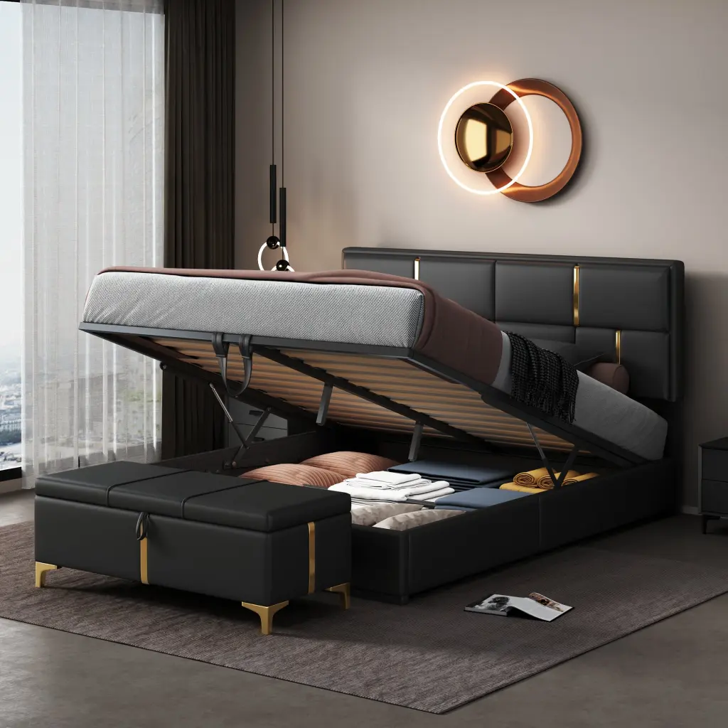 2 Pieces Bedroom Sets Queen Size Upholstered Platform Bed Hydraulic Storage homey life