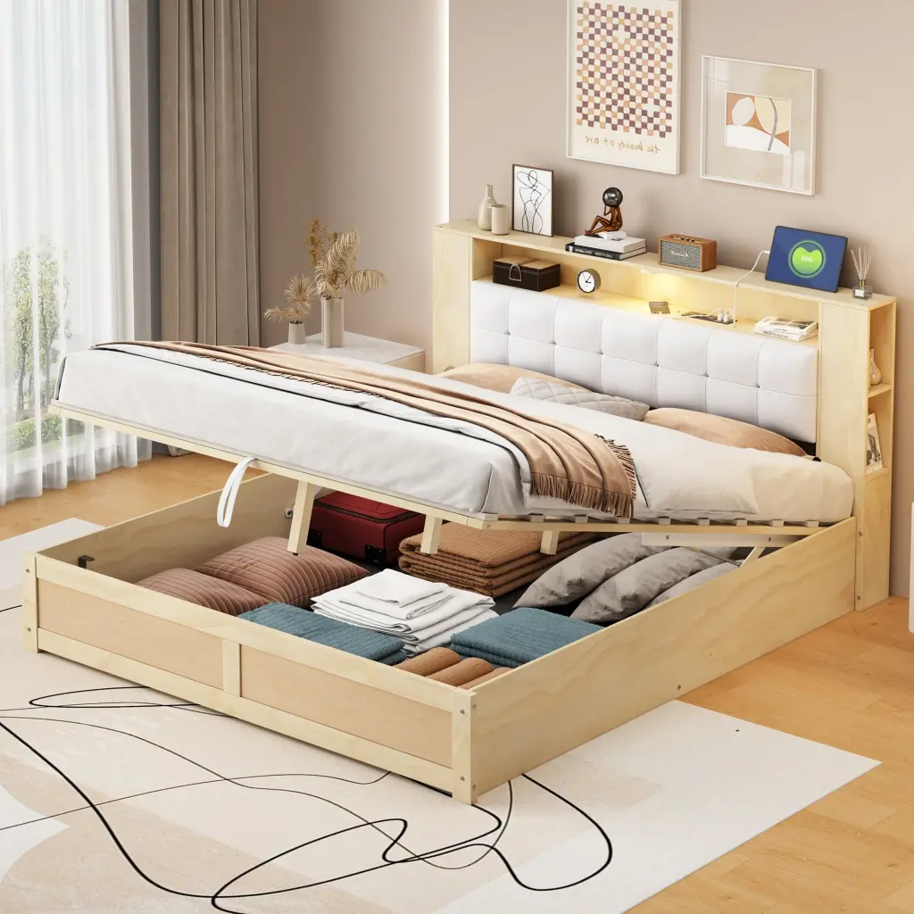 Queen Size Tufted Upholstered Platform Bed Storage Headboard and Footboard homey life