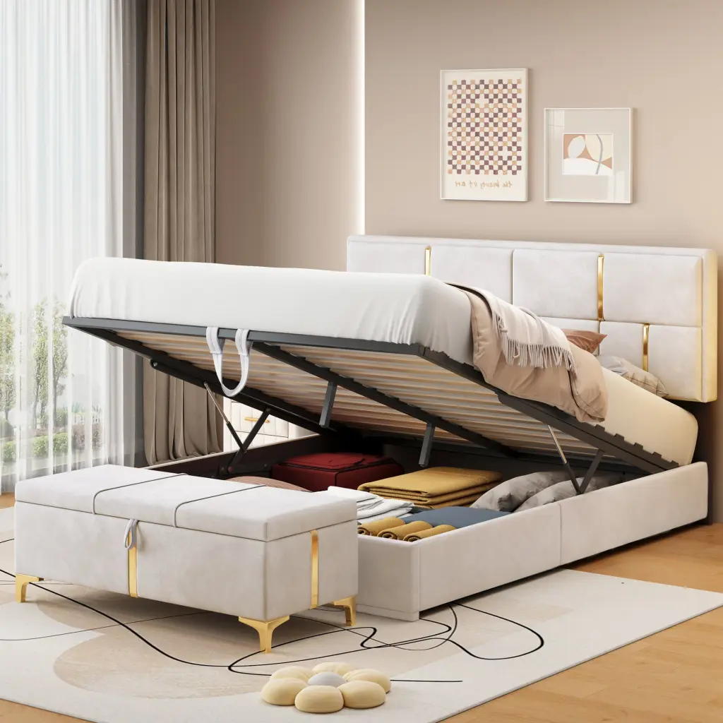 Queen Size Upholstered Platform Bed Hydraulic Storage 2 Piece Bedroom Set homey life
