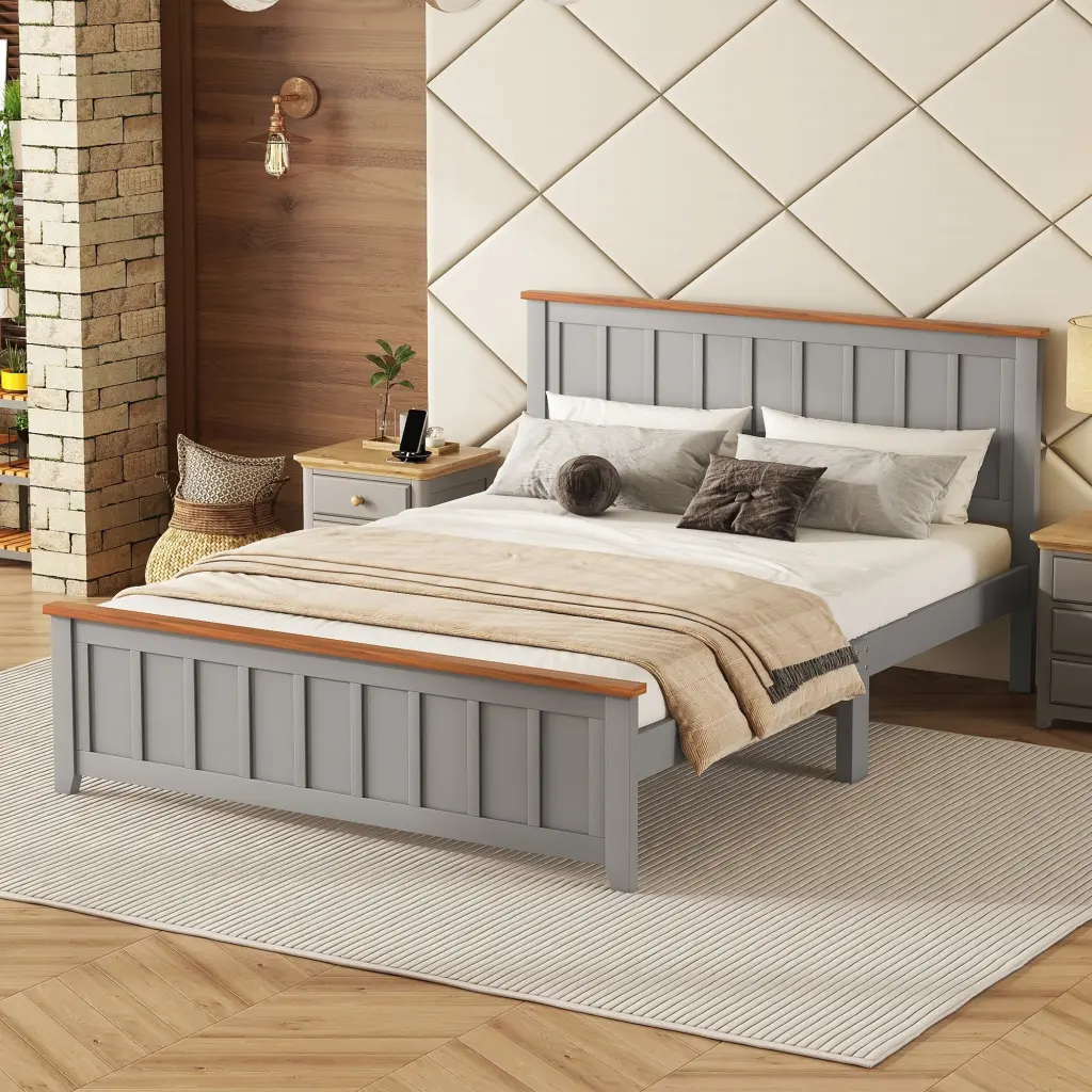 Queen Size Wood Platform Bed Wooden Slats Vintage Effortless Bed Frame homey life
