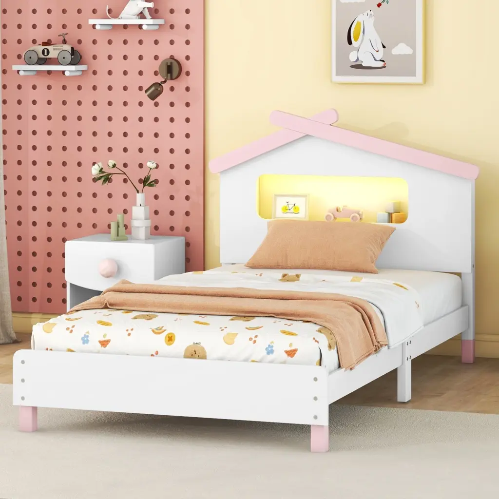 Twin Size Wood Platform Bed Headboard and Motion Activated Lights Modern Bed Frame homey life