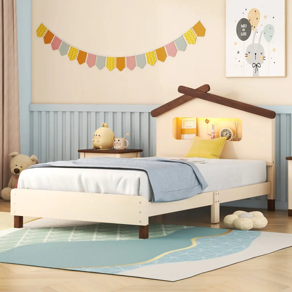 Twin Size Wood Platform Bed Headboard and Motion Activated Lights homey life