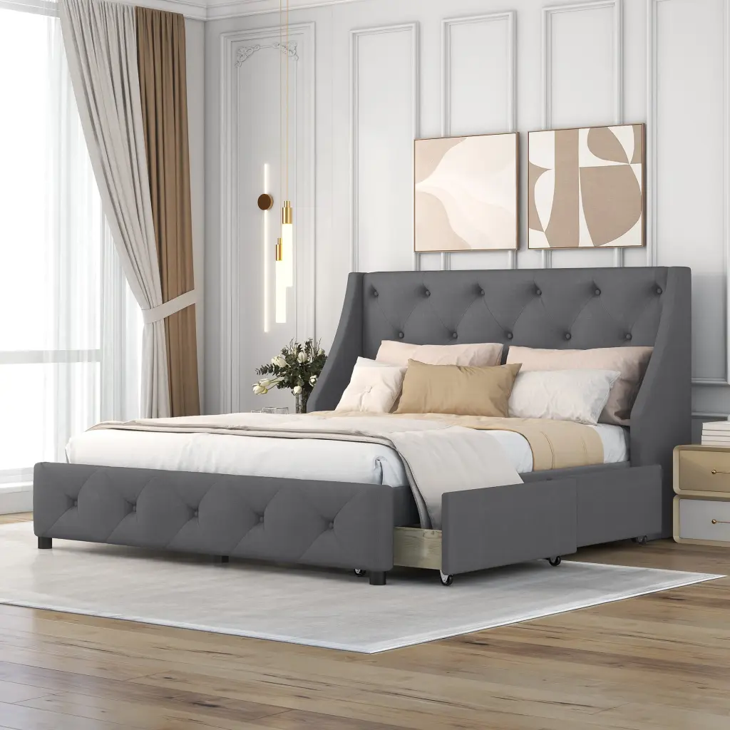 Upholstered Platform Bed Wing Support Tufted Headboard and 4 Drawers homey life