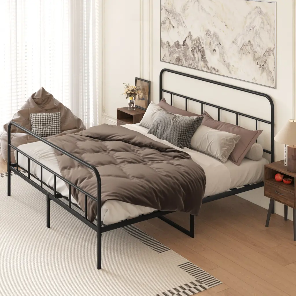 Metal Platform Bed Frame Headboard, Robust Design No Box Spring Needed hs furniture