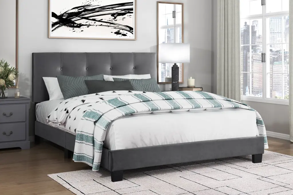 1Pc Queen Platform Bed Dark Gray Velvet Upholstered Adjustable Height kanepe