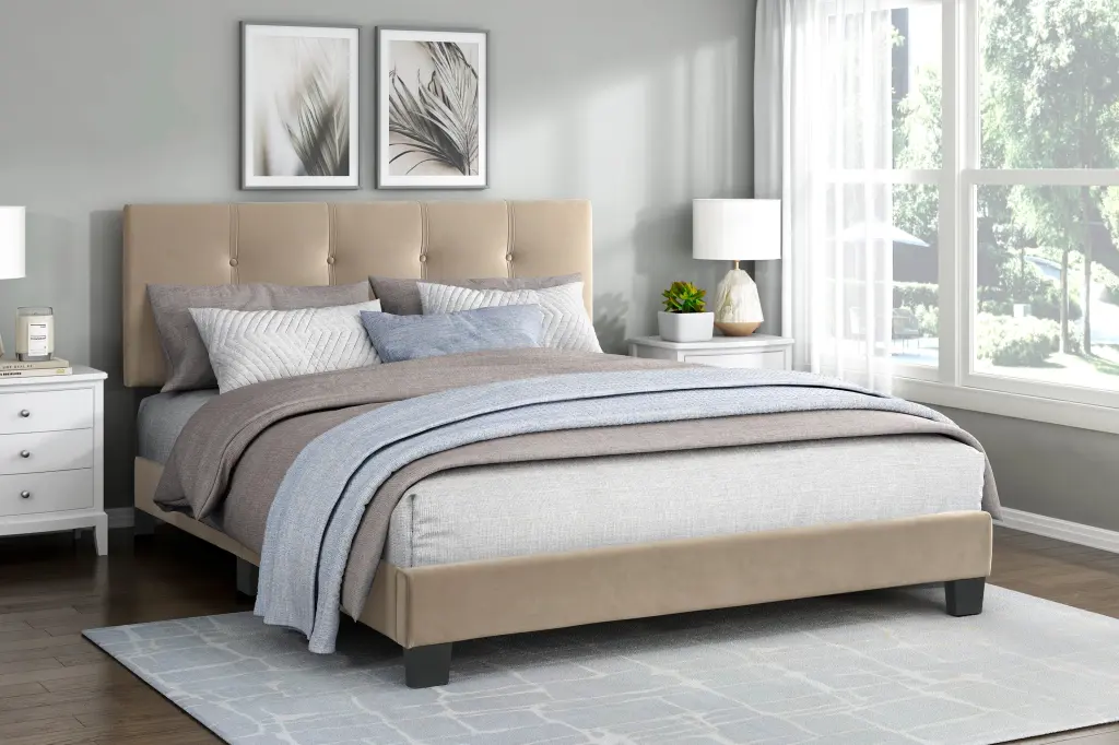 1Pc Queen Platform Bed Light Brown Velvet Upholstered Adjustable Height kanepe
