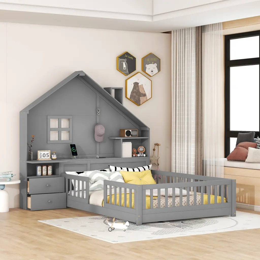 Full Size Houtilize Bed Window And Bedside Drawers Platform Bed Frame lucky furniture