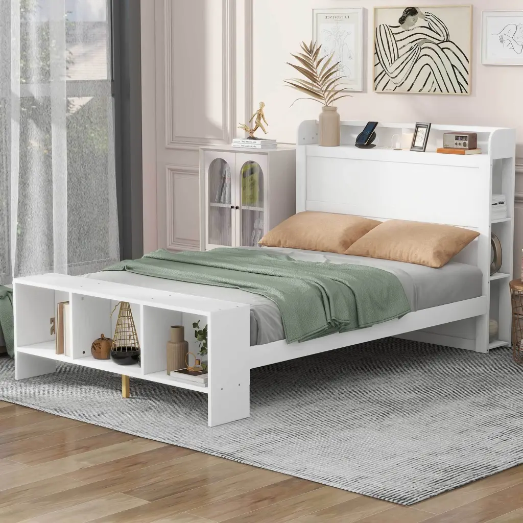 Full Size Platform Bed Built Shelves LED Light and USB Ports lucky furniture