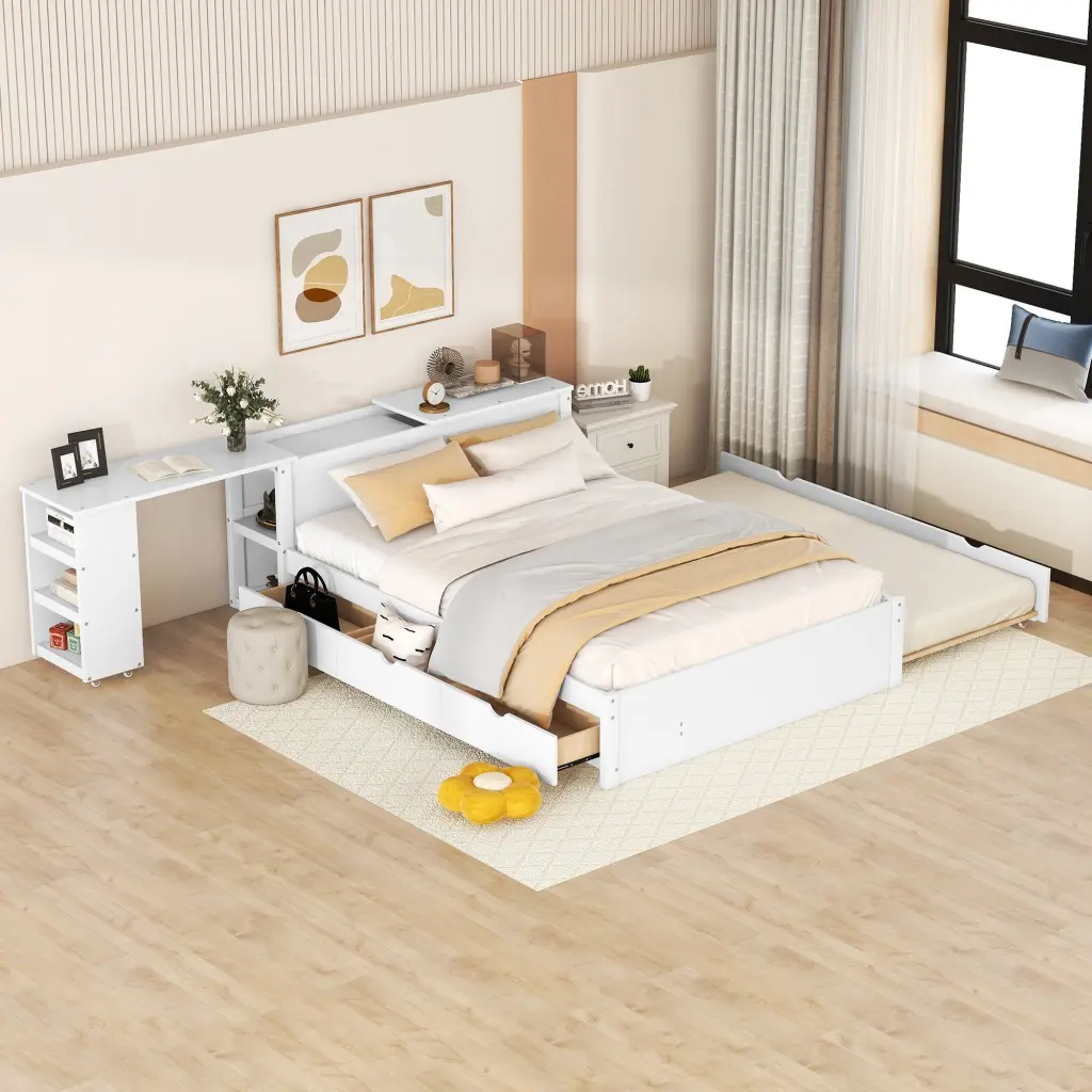 Full Size Platform Bed Rolling Shelf White Solid Wood Modern Bed Frame lucky furniture