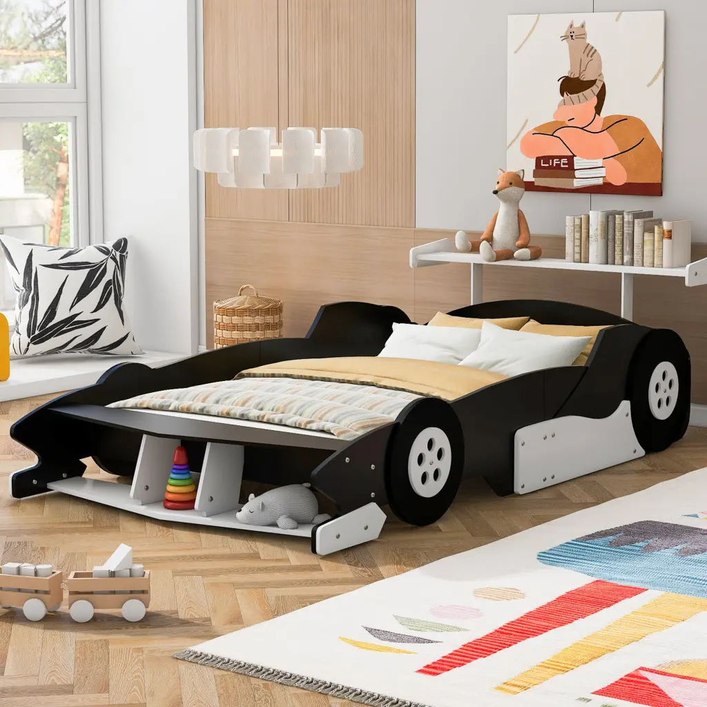 Full Size Race Car Influenced Platform Bed Wheels Black Plywood Kids Bed lucky furniture