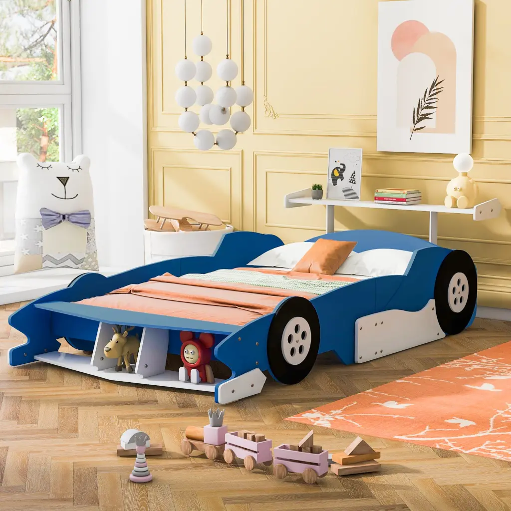 Full Size Race Car Influenced Platform Bed Wheels Blue Plywood Kids Bed lucky furniture