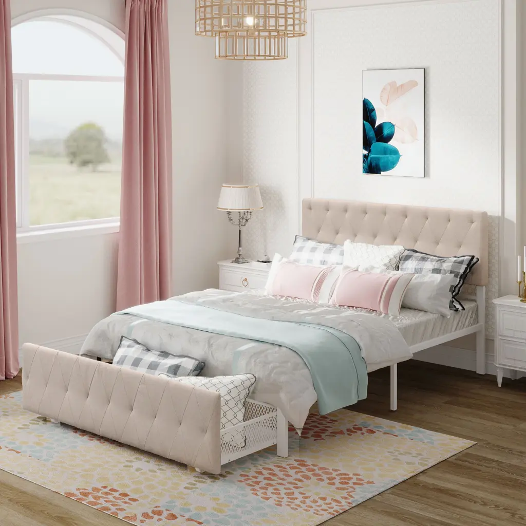 Full Size Storage Bed Metal Platform Bed Big Drawer Beige lucky furniture