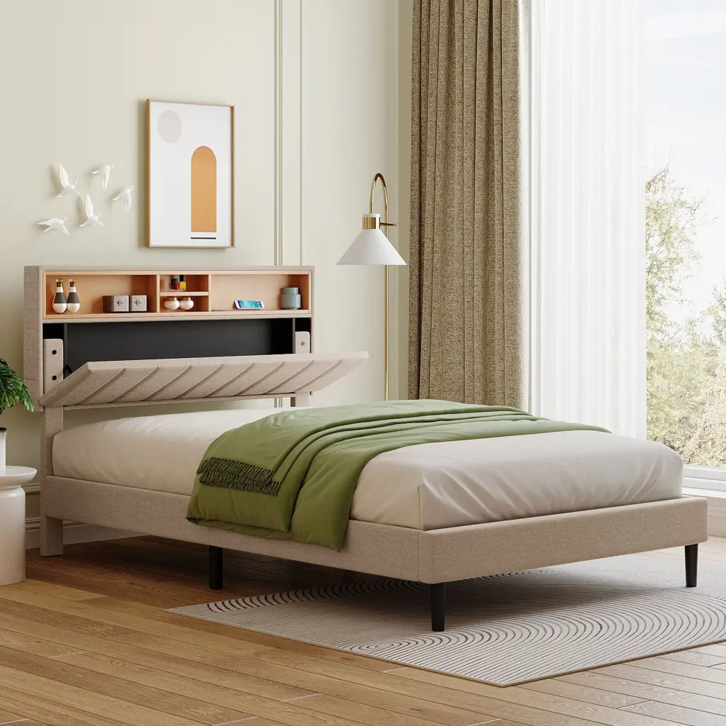 Full Size Upholstered Platform Bed Storage Headboard and USB Port Modern Bed Frame lucky furniture