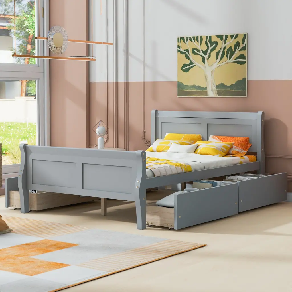 Full Size Wood Platform Bed 4 Drawers and Simplified Headboard Bedroom Storage lucky furniture