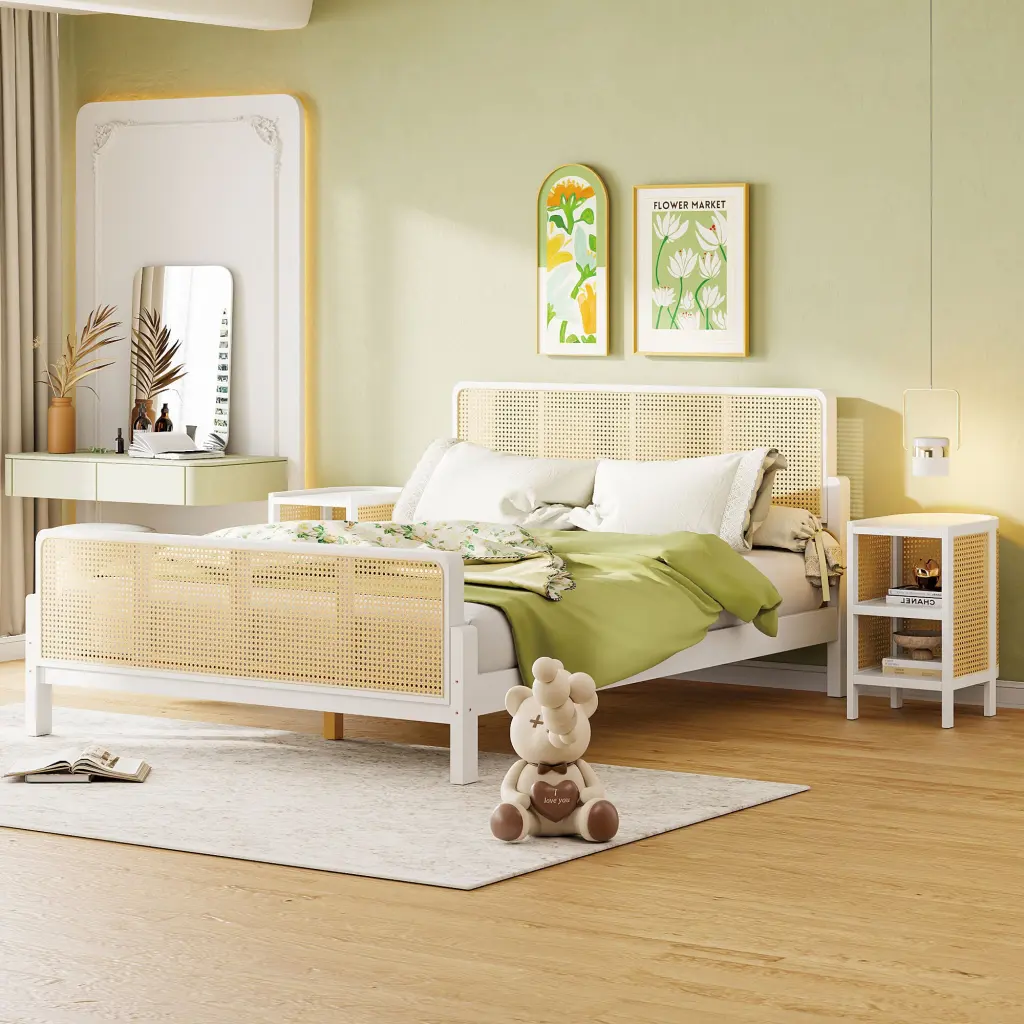 3 Pieces Rattan Platform Full Size Bed 2 Nightstands White Bedroom Set lucky furniture