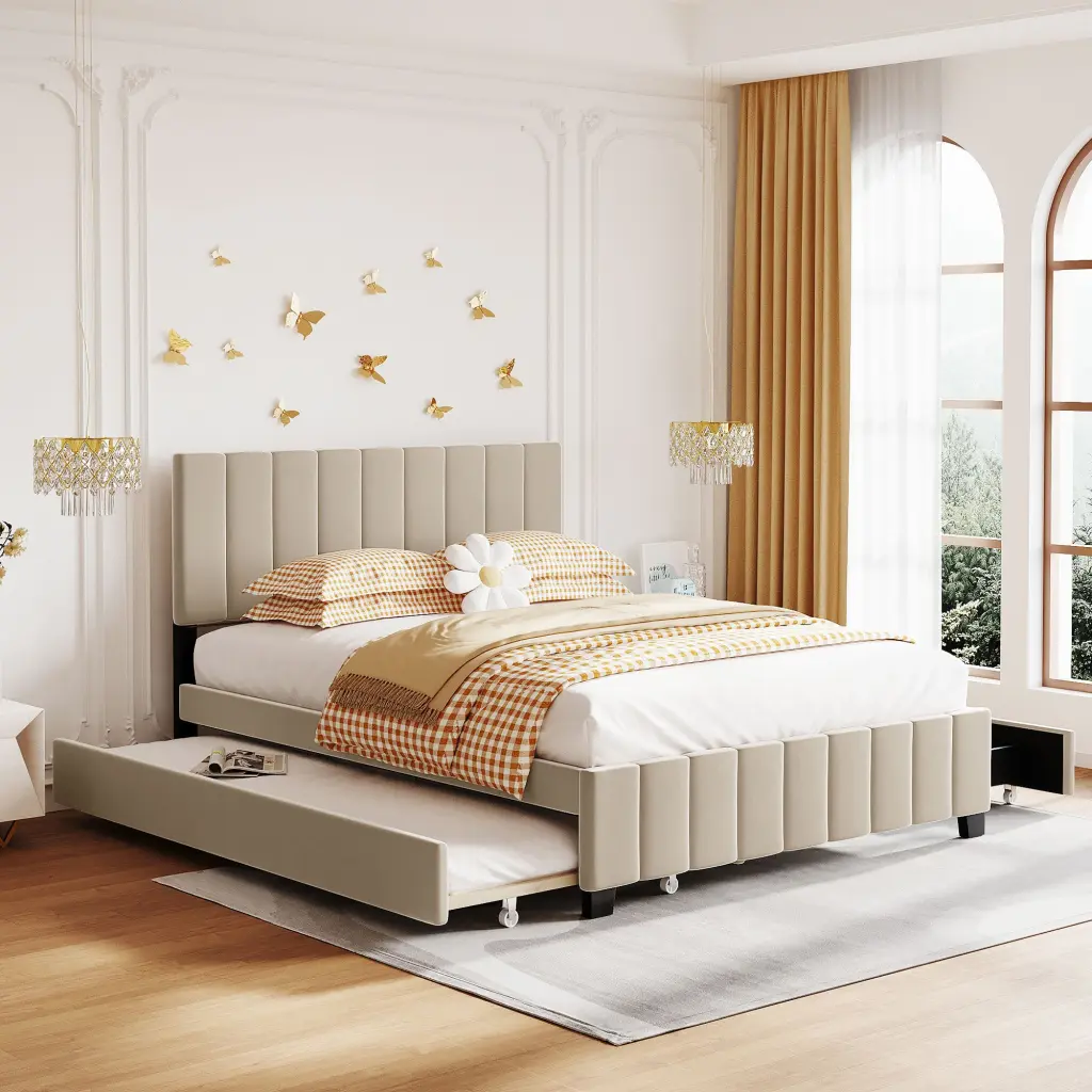 Queen Size Velvet Upholstered Platform Bed 2 Drawers and Twin XL lucky furniture