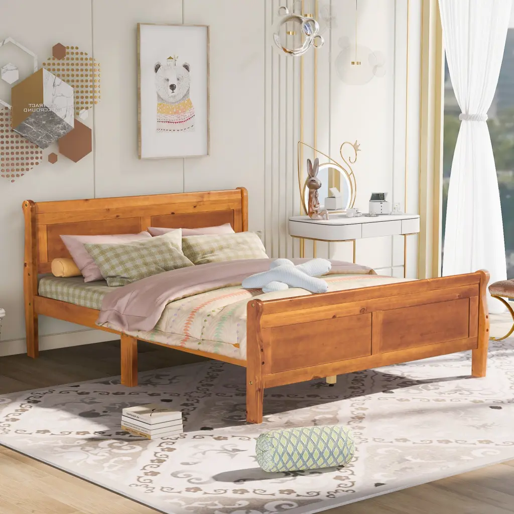 Queen Size Wood Platform Bed Headboard And Wooden Slat Support Sturdy Frame lucky furniture