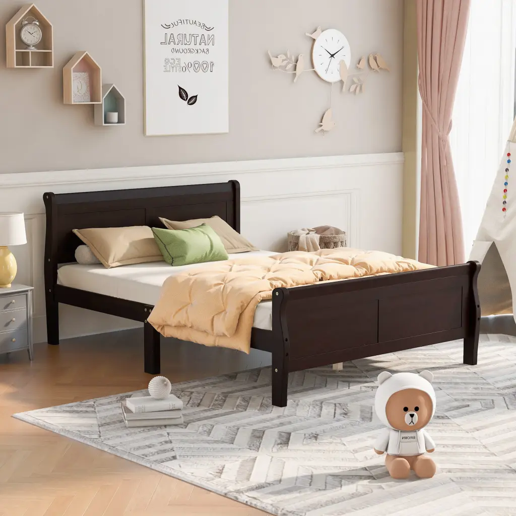 Queen Size Wood Platform Bed Headboard and Wooden Slat Support lucky furniture