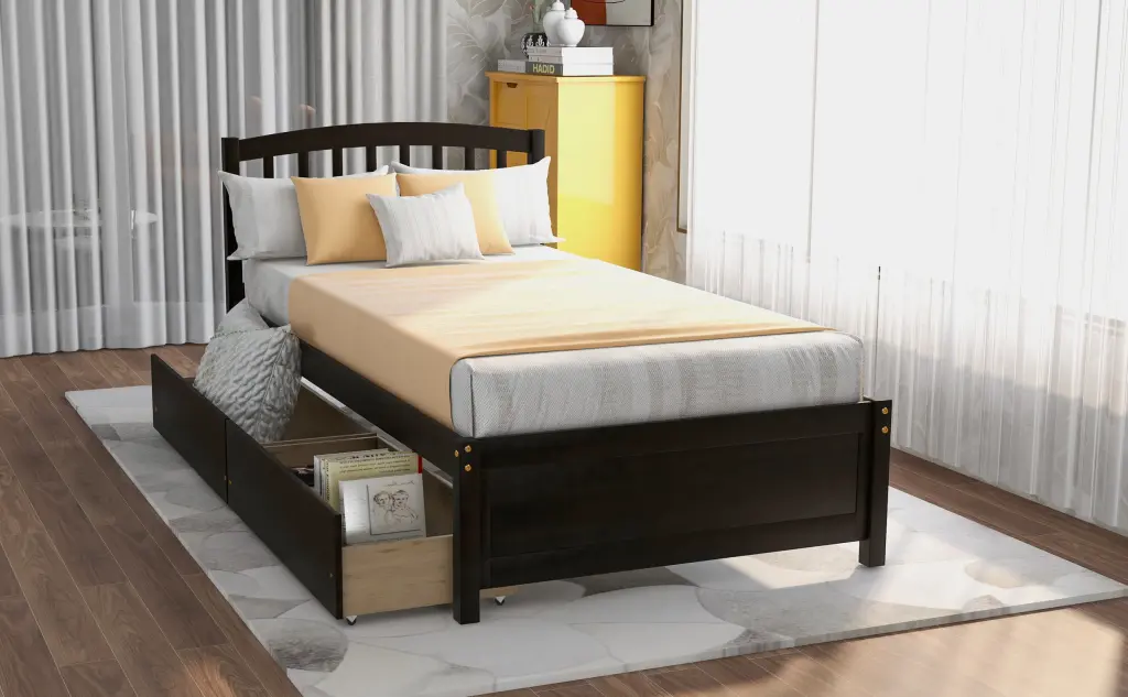 Twin Platform Storage Bed Wood Bed Frame Two Drawers And Headboard lucky furniture