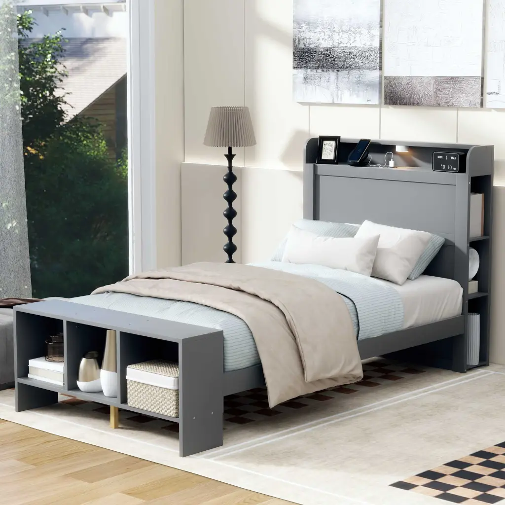 Twin Size Platform Bed Built- Shelves LED Light and USB Ports lucky furniture