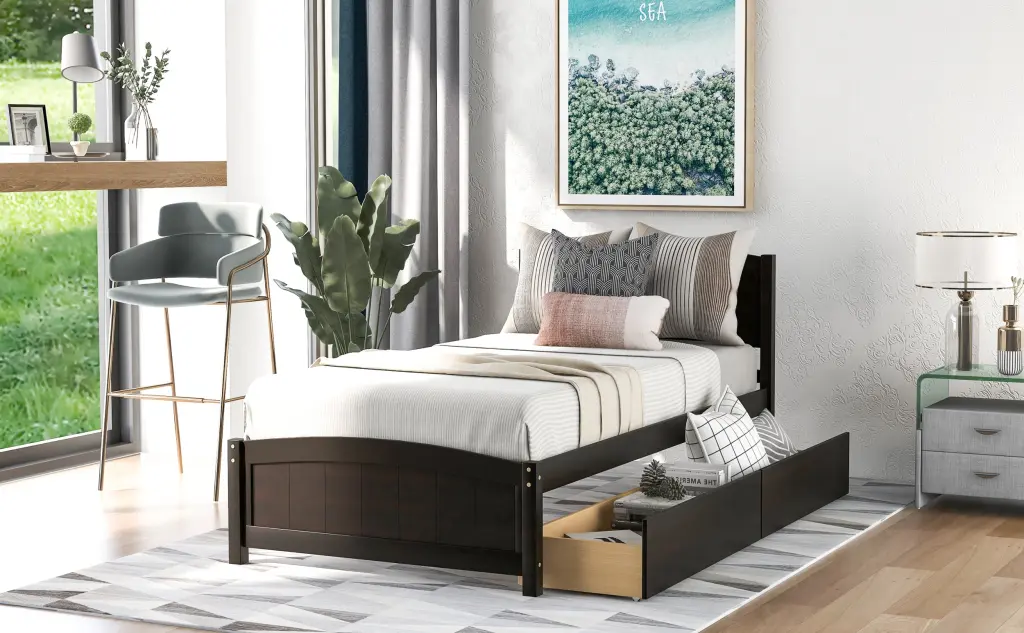 Twin Size Platform Bed Two Drawers Espresso Solid Wood Bed Frame lucky furniture