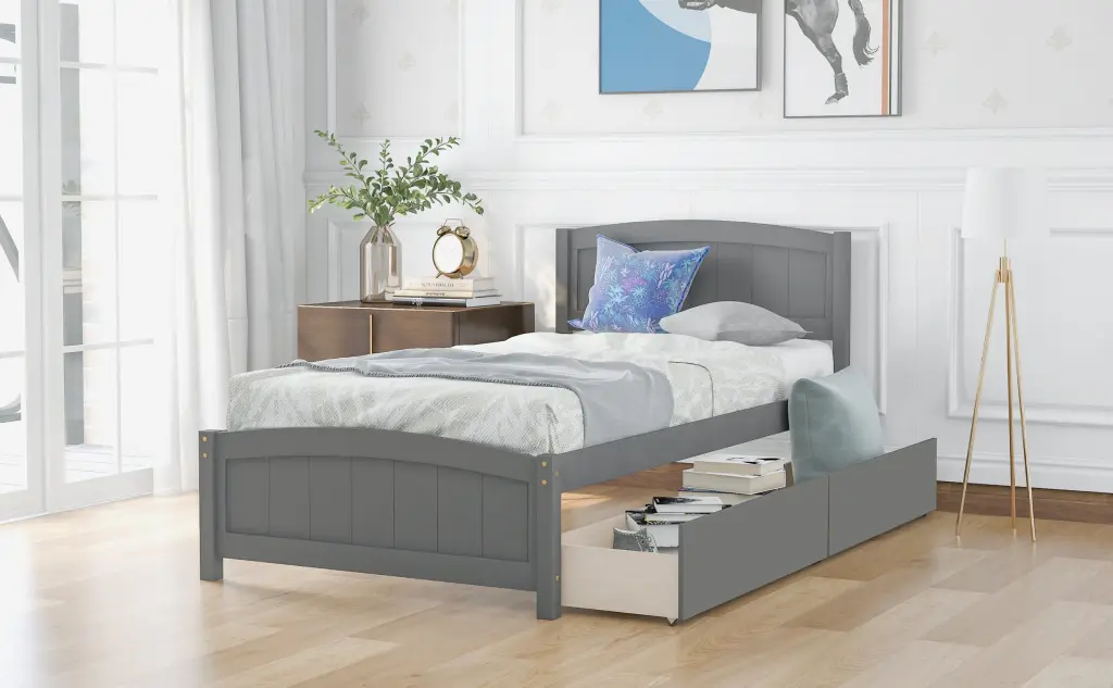 Twin Size Platform Bed Two Drawers Gray Solid Wood lucky furniture