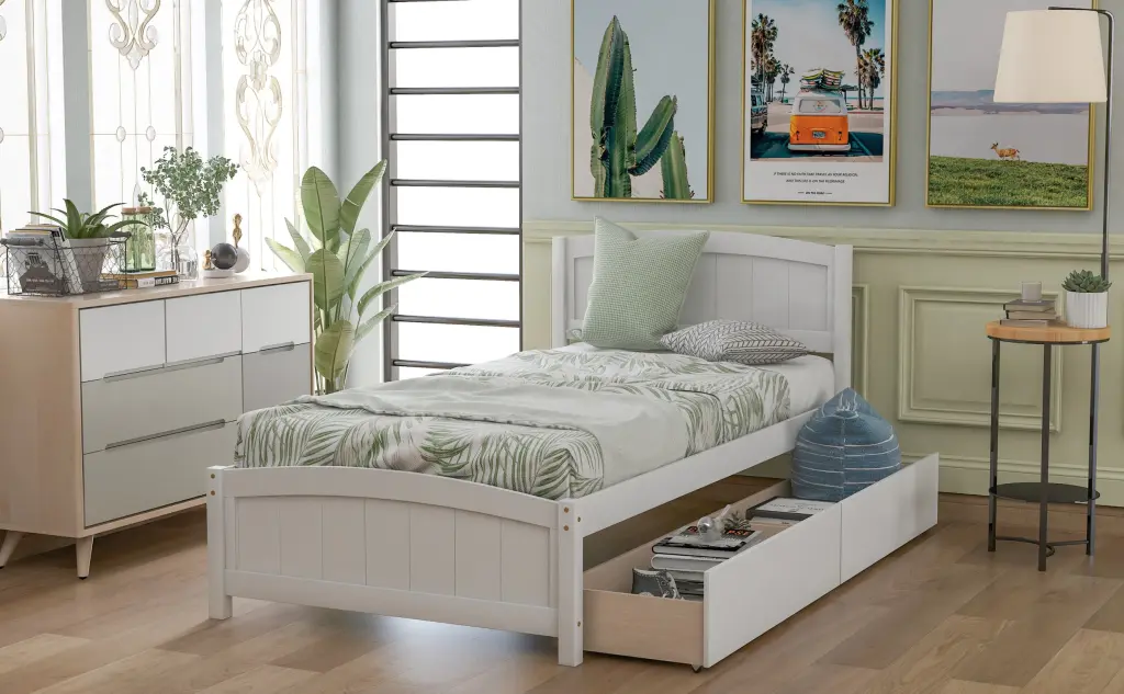 Twin Size Platform Bed Two Drawers White Solid Wood Frame lucky furniture