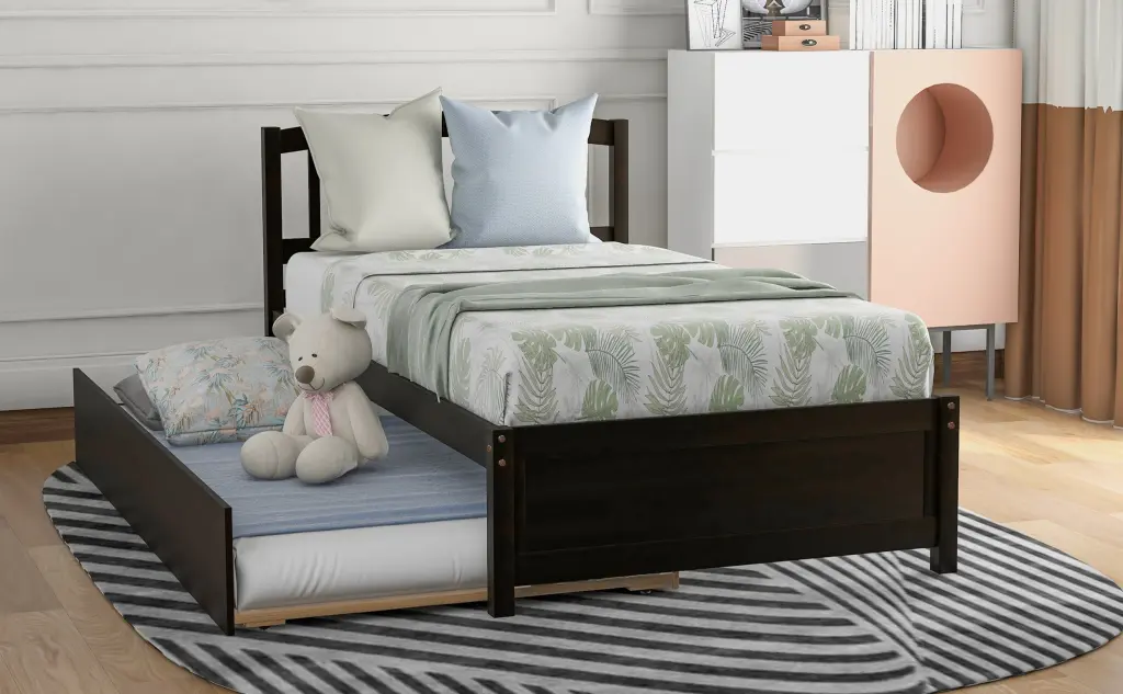 Twin Size Platform Bed Wood Bed Frame Trundle Espresso Finish lucky furniture