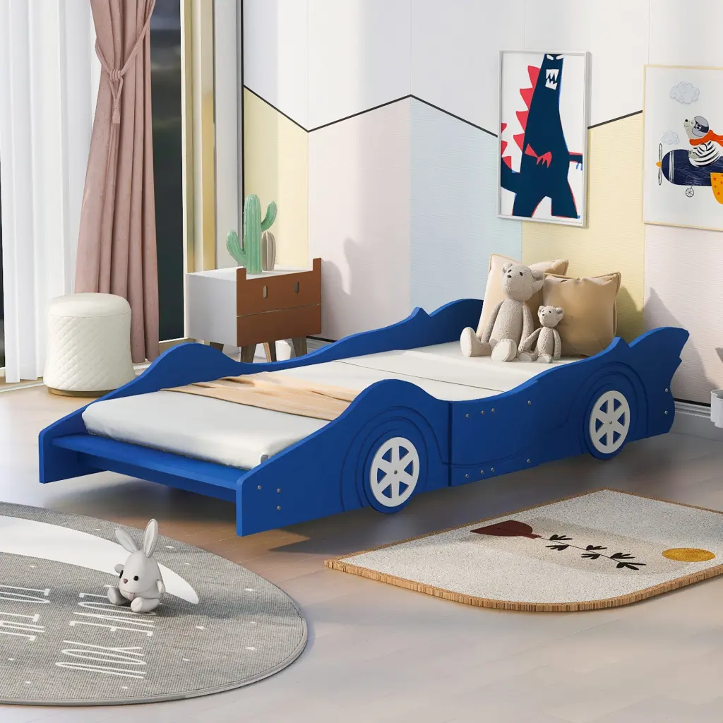 Twin Size Race Car Influenced Platform Bed Wheels Blue - Fun Kids Bedroom Furniture lucky furniture