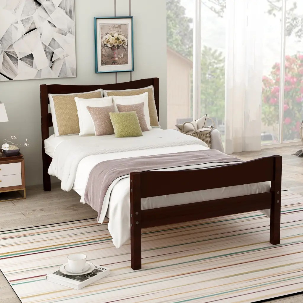 Twin Size Wood Platform Bed Headboard And Wooden Slat Support Gray lucky furniture